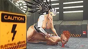 A hot black girl gets fucked hard by a cyber angel shemale in the sci-fi prison