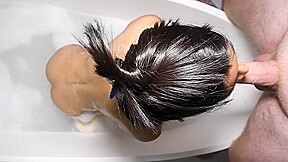 Flat chested Asian ladyboy teen bathtub washing and POV blowjob