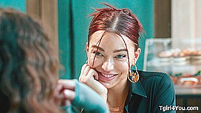 Busty shemale Emma Rose bangs her college gf in public cafe